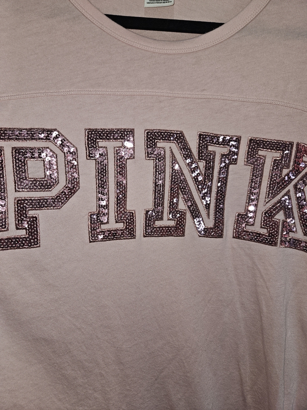PINK Victoria's Secret Light Pink Sequin Logo Stripe Sleeve Tee Women's Medium - Picture 6 of 11